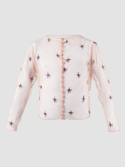 Pink Gorden long-sleeved top with maroon embroidery