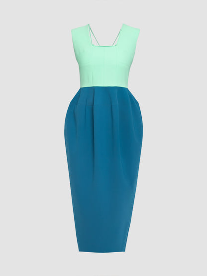 Two Tone Cocoon Maxi Dress in Peacock Blue