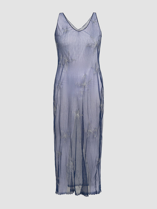 V Sheer Dress in Silver on Navy