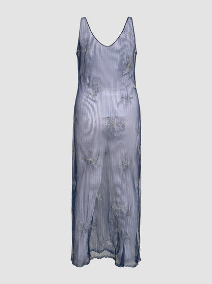 V Sheer Dress in Silver on Navy