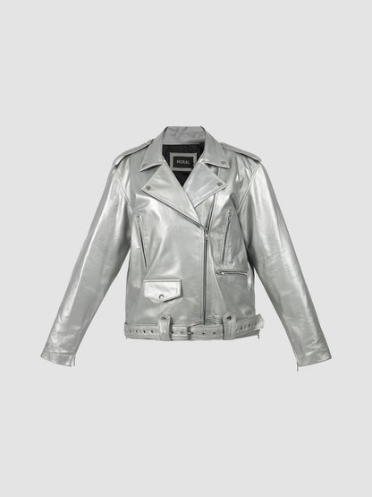 Regular Cut Leather Biker Jacket in Silver