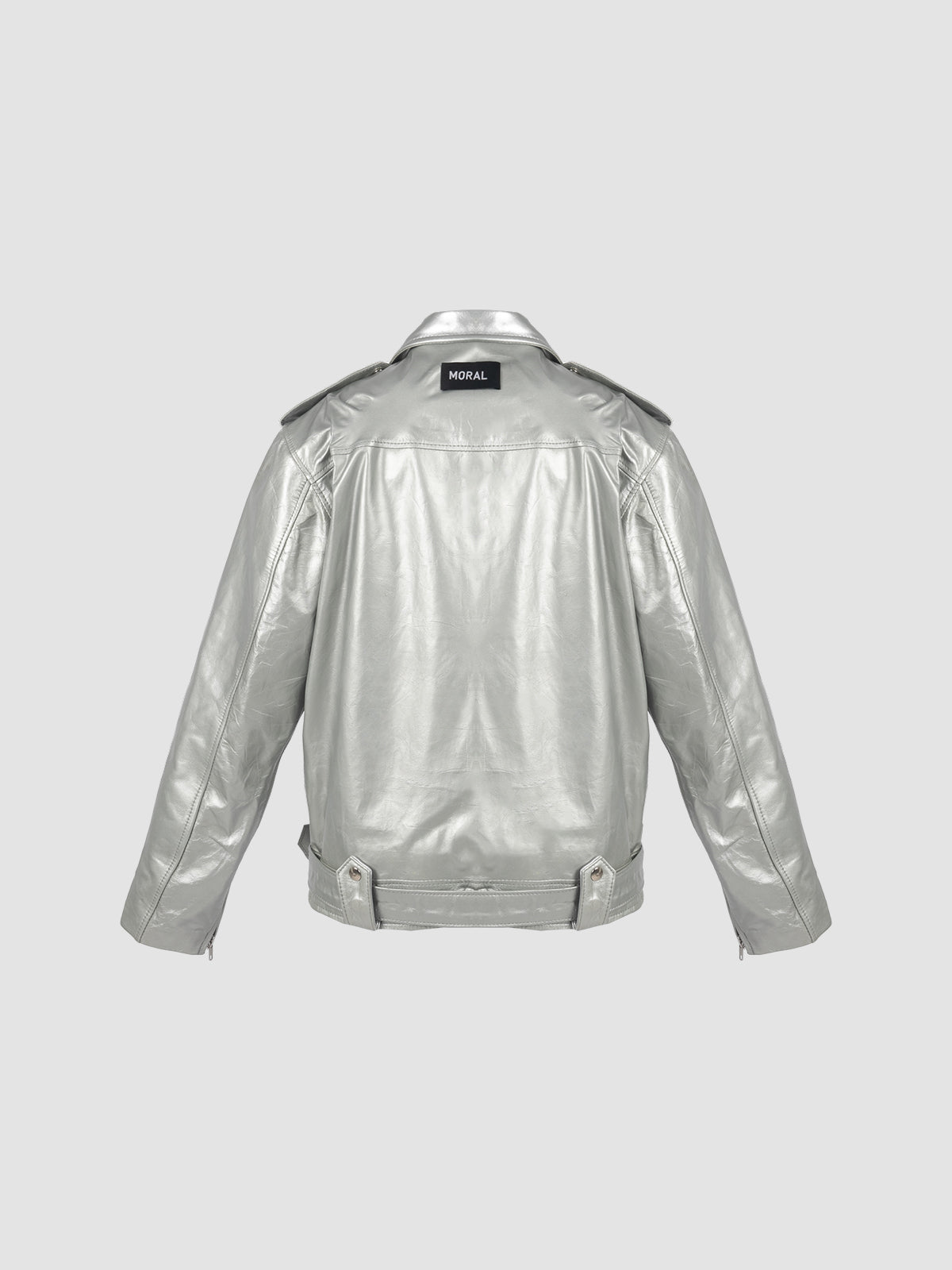 Regular Cut Leather Biker Jacket in Silver