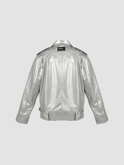 Regular Cut Leather Biker Jacket in Silver