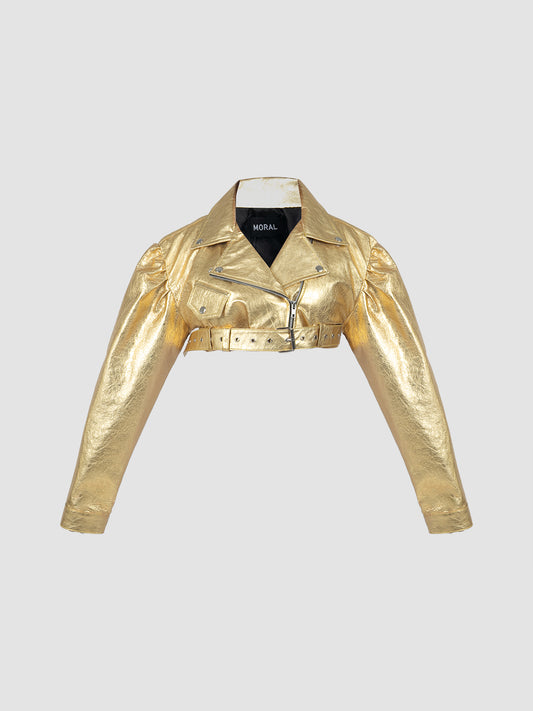 Cropped Leather Biker Jacket in Metallic Gold