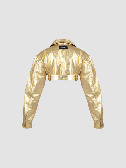 Cropped Leather Biker Jacket in Metallic Gold