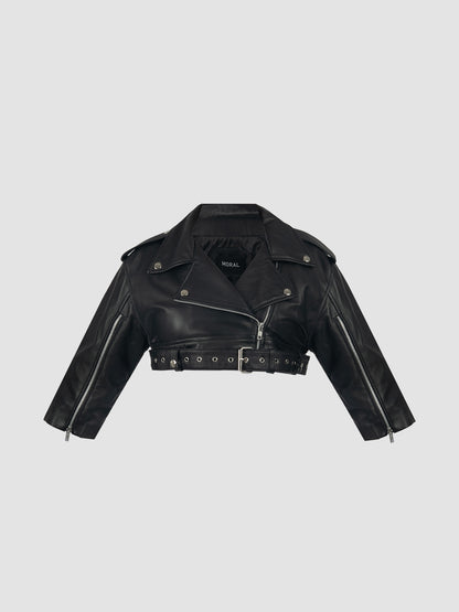 Cropped Leather Biker Jacket in Black