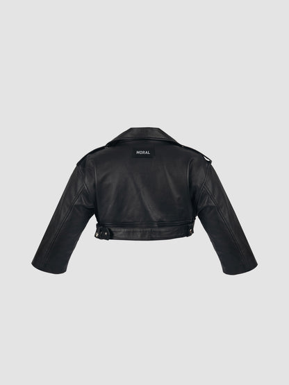 Cropped Leather Biker Jacket in Black