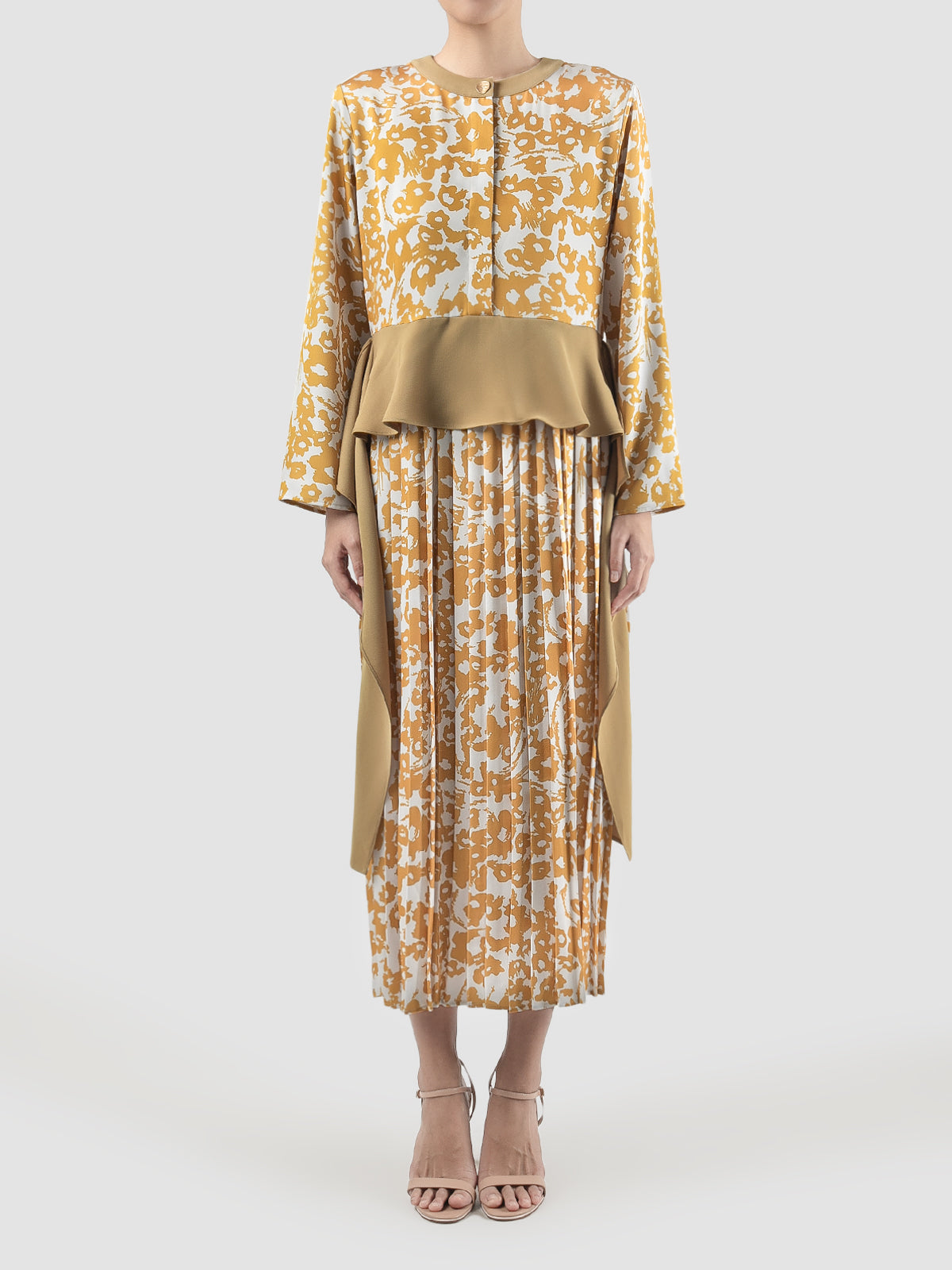 Gold Alana long-sleeved maxi dress with flower prints