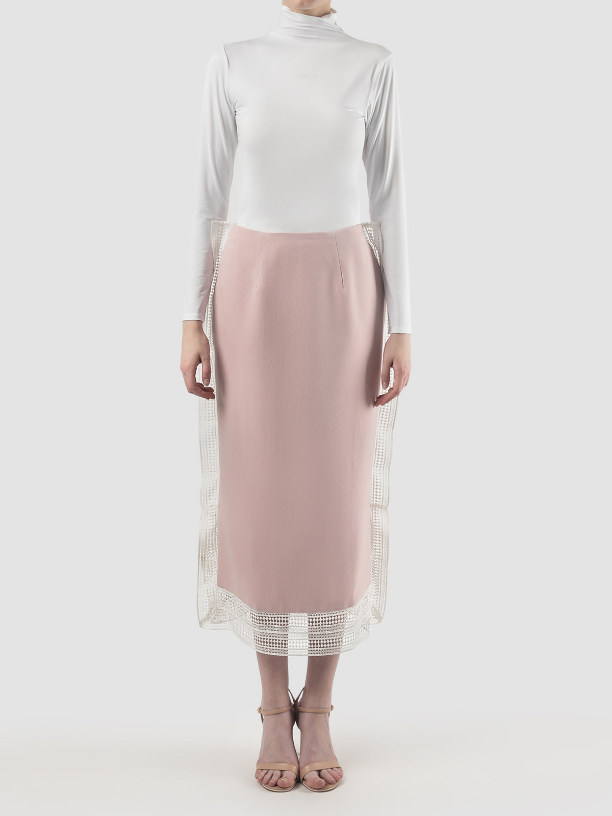 Pink Dove lace-detailed midi skirt