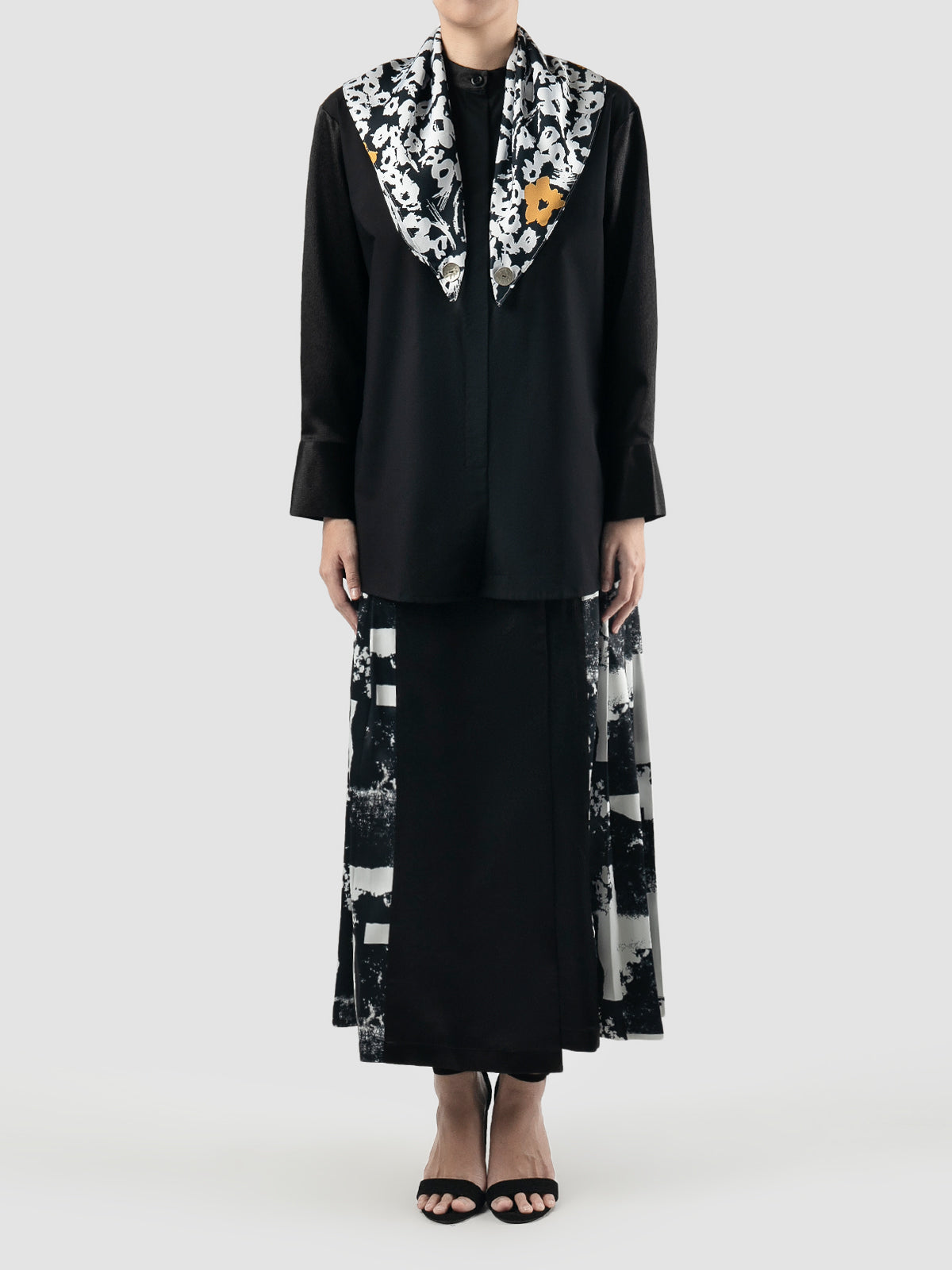 Black Vida long-sleeve blouse with flower scarf