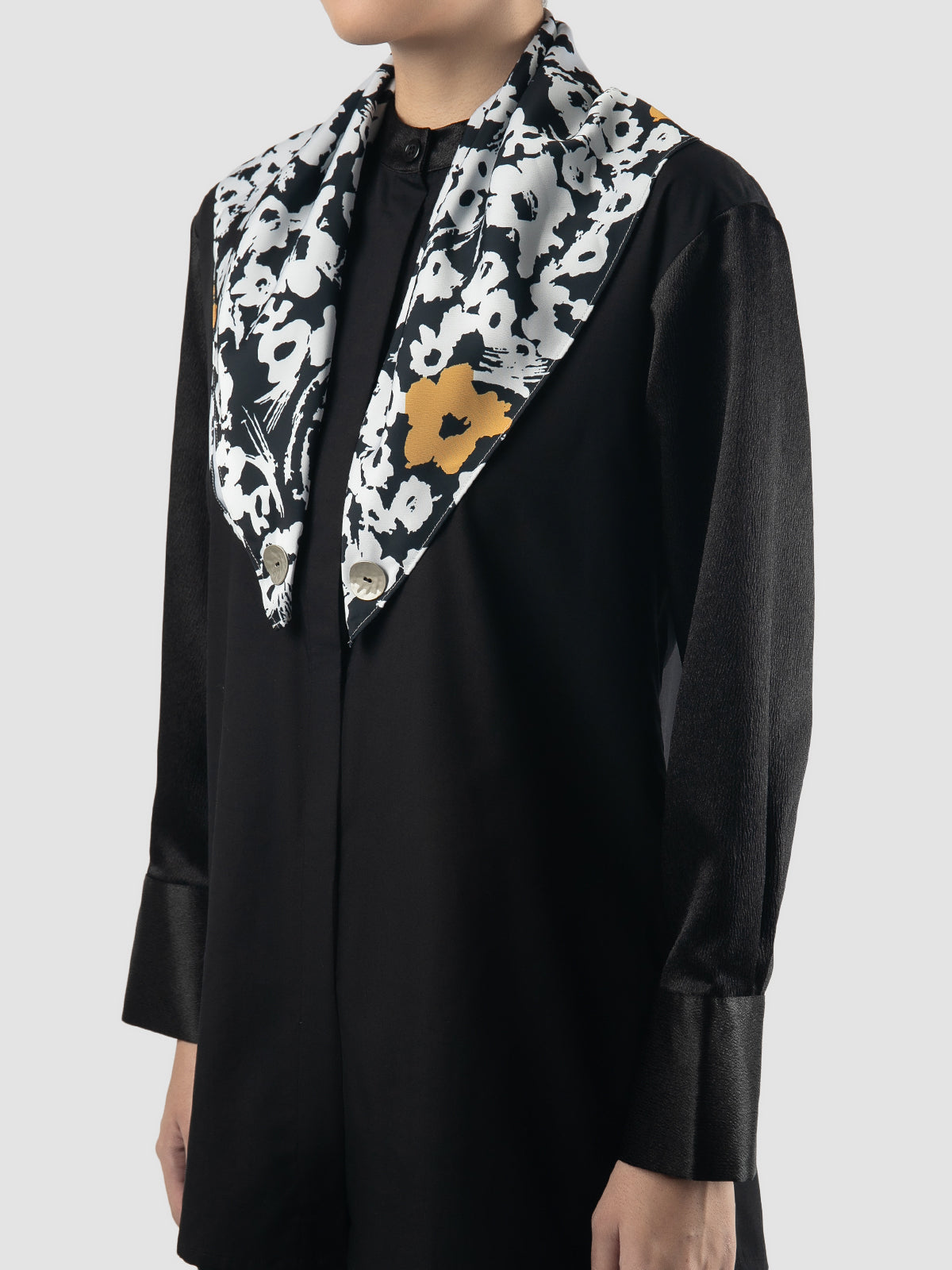 Black Vida long-sleeve blouse with flower scarf