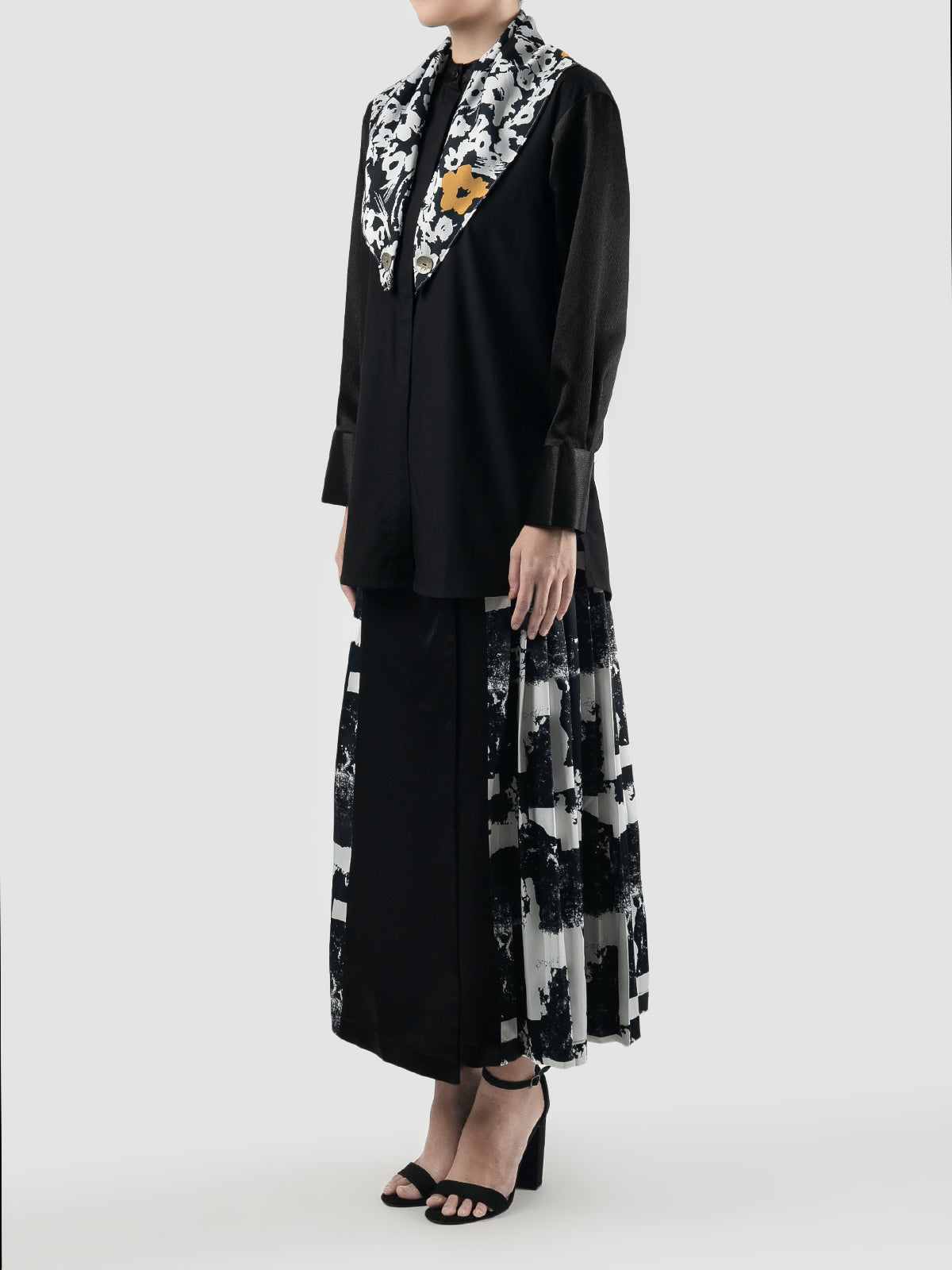 Black Vida long-sleeve blouse with flower scarf