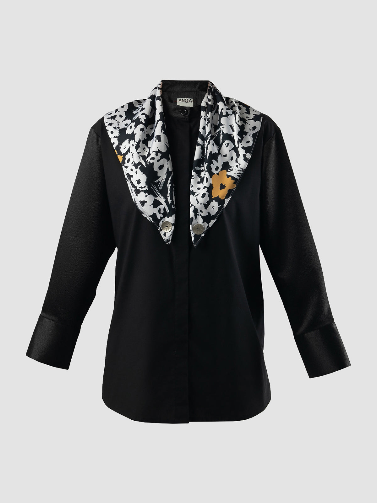 Black Vida long-sleeve blouse with flower scarf