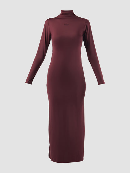 Burgundy turtleneck long dress