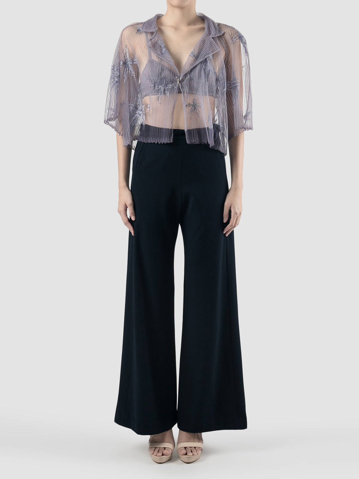 Gorden sheer lilac cropped shirt with lilac-silver embroidery