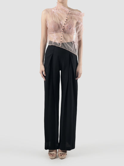 Gorden sheer pink high neck blouse with pink-silver embroidery