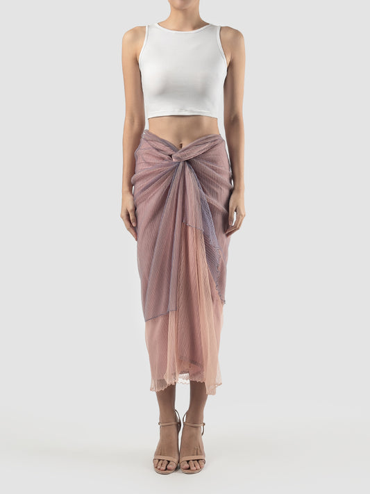 Pink-violet layered sarong with sage embroidery