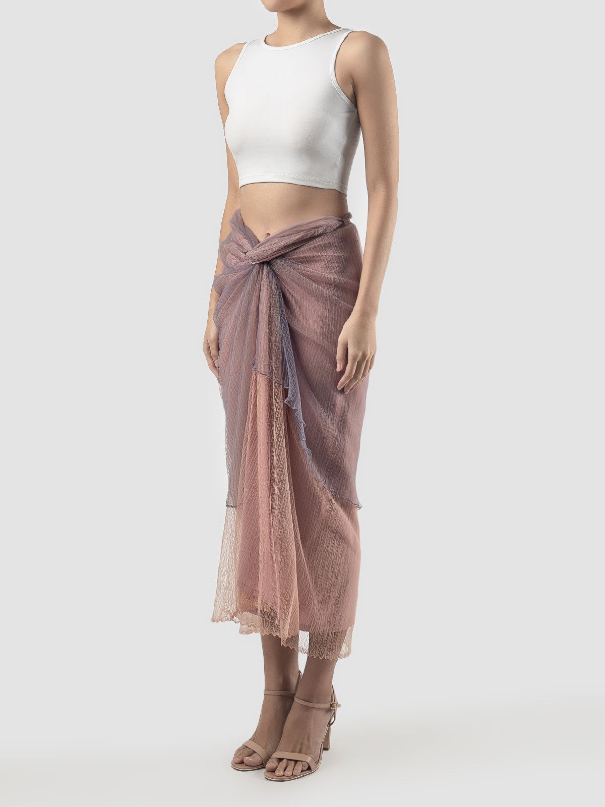 Pink-violet layered sarong with sage embroidery