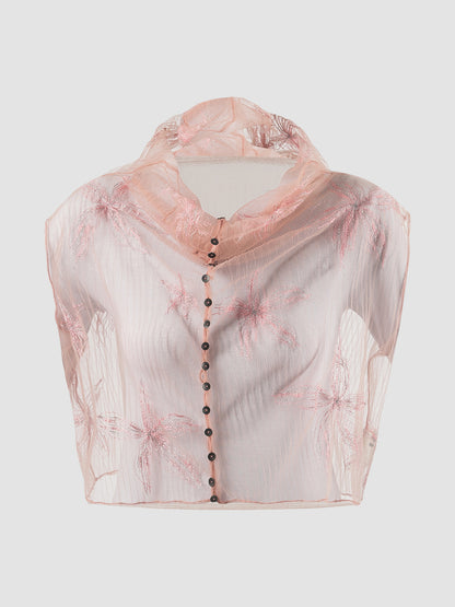 Gorden sheer pink high neck blouse with pink-silver embroidery