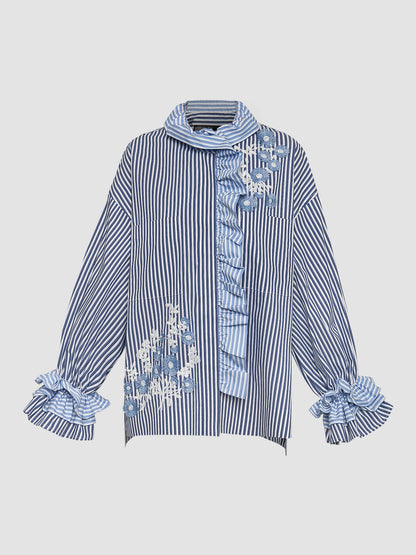 Navy Line 3D Flower Chef Detailed Shirt