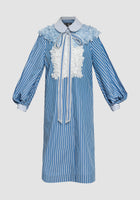 Blue stripes long-sleeved tunic with 3D flowers