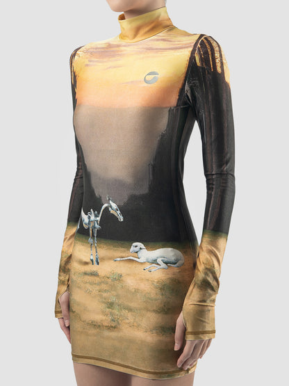 Yellow sunset Dall-E Print high neck mini dress