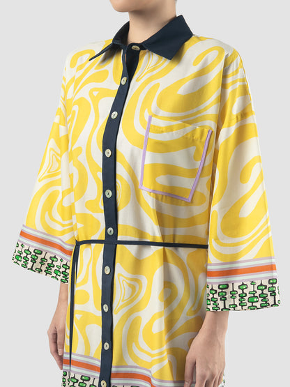 Yellow Althea shirt-dress with swirl pattern