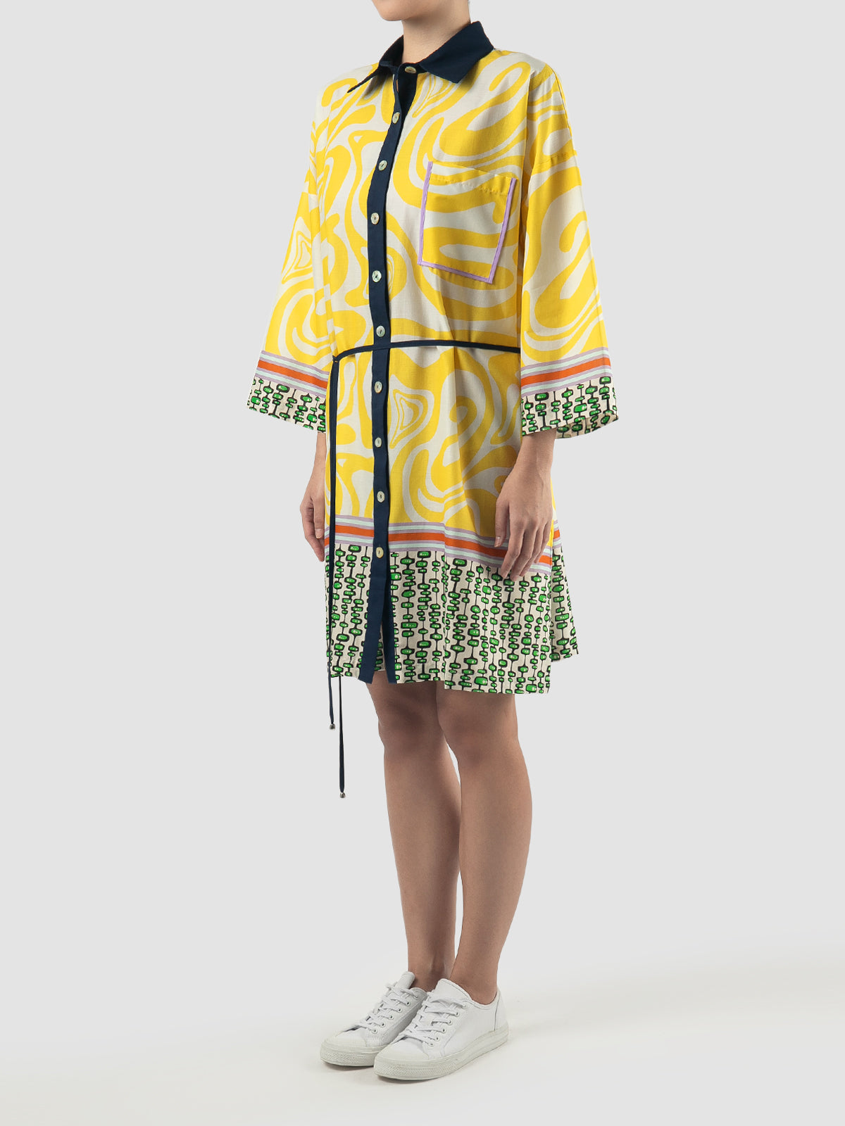 Yellow Althea shirt-dress with swirl pattern