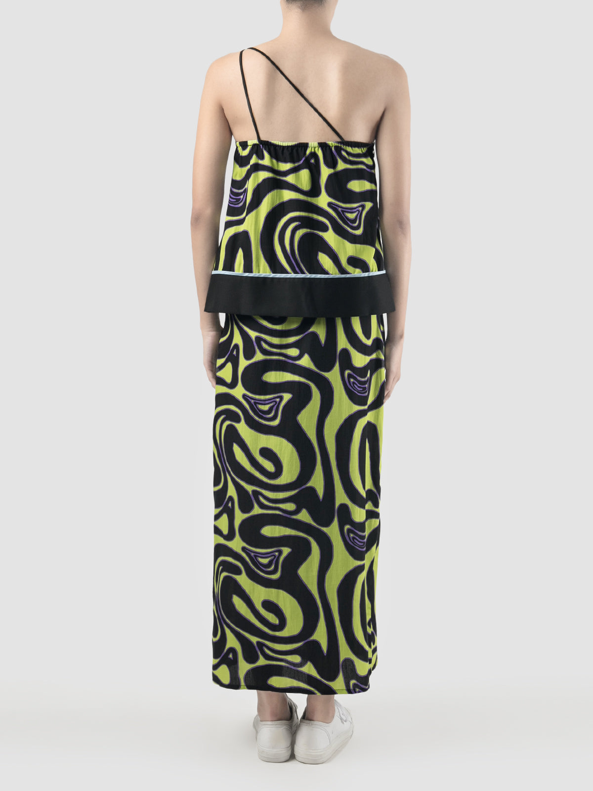 Green Lene one-shouldered top with Swirll pattern