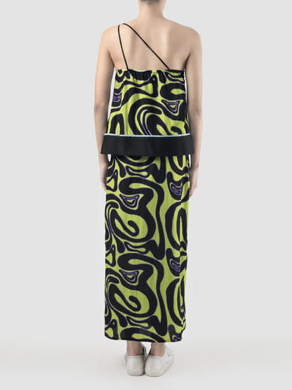 Green Lene one-shouldered top with Swirll pattern