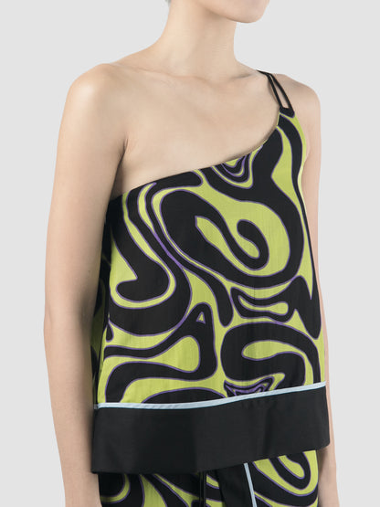 Green Lene one-shouldered top with Swirll pattern