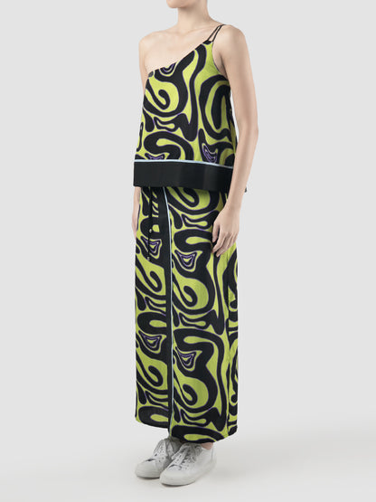 Green Lene one-shouldered top with Swirll pattern