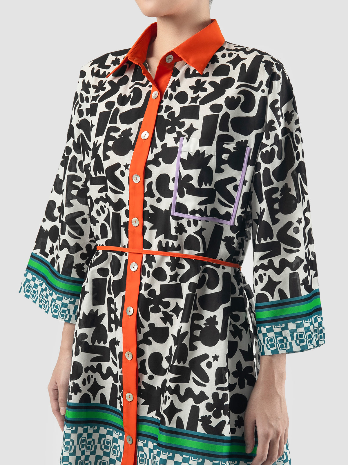 Black-white Althea shirt-dress with doodle pattern