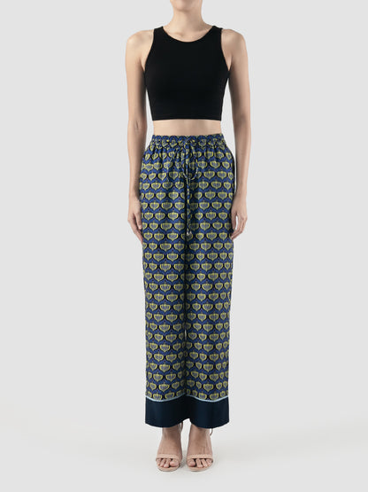 Navy Biva Lotus printed long pants