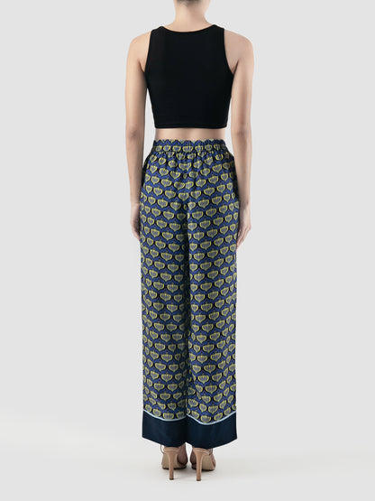 Navy Biva Lotus printed long pants