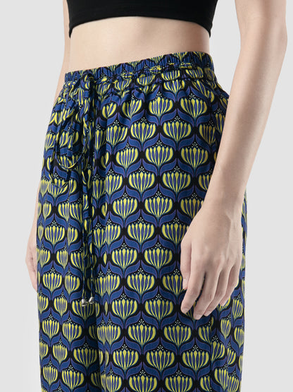 Navy Biva Lotus printed long pants