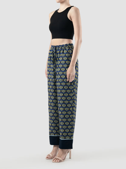 Navy Biva Lotus printed long pants