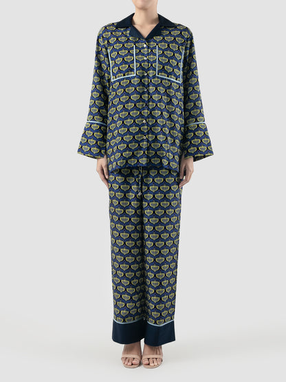 Navy Sana Lotus printed long-sleeved shirt