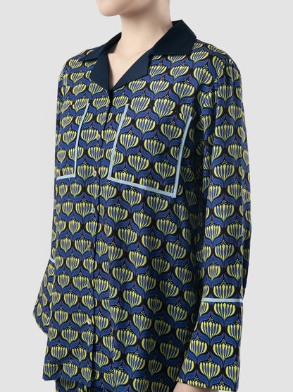 Navy Sana Lotus printed long-sleeved shirt