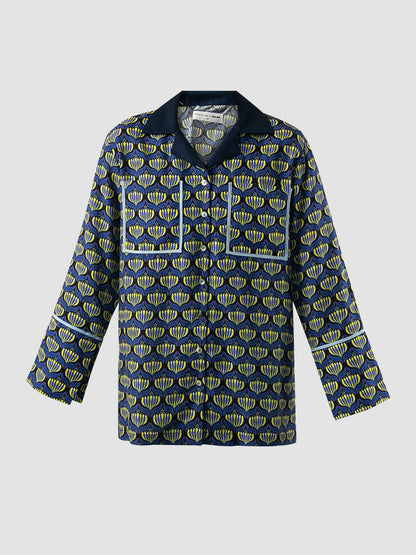 Navy Sana Lotus printed long-sleeved shirt