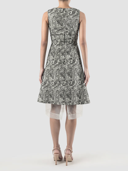 Black paisley jacquard sleeveless midi dress