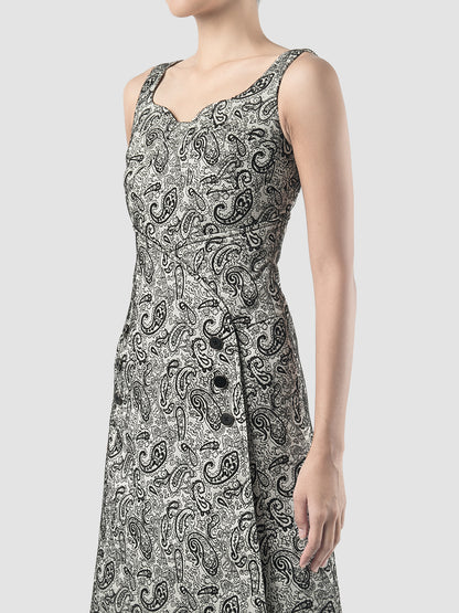 Black paisley jacquard sleeveless midi dress