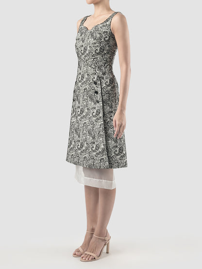 Black paisley jacquard sleeveless midi dress