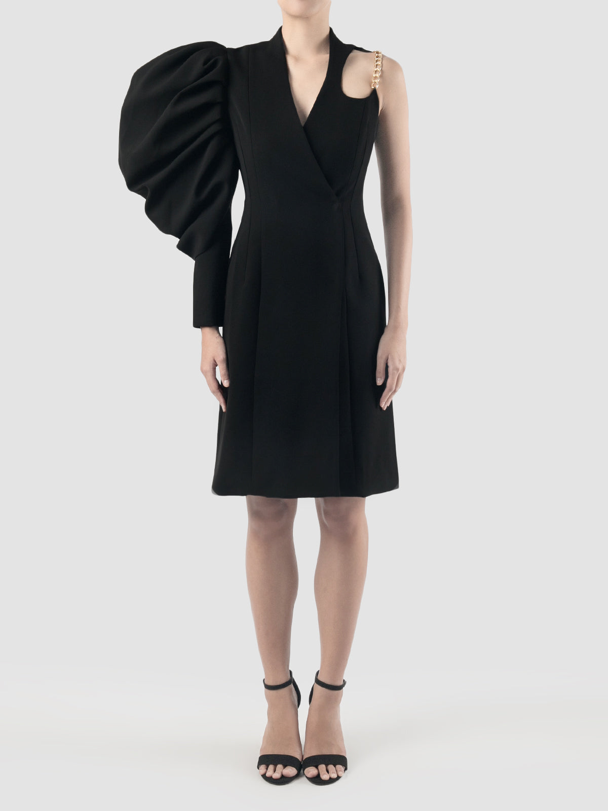 Black terylene blazer dress with asymmetrical sleeves