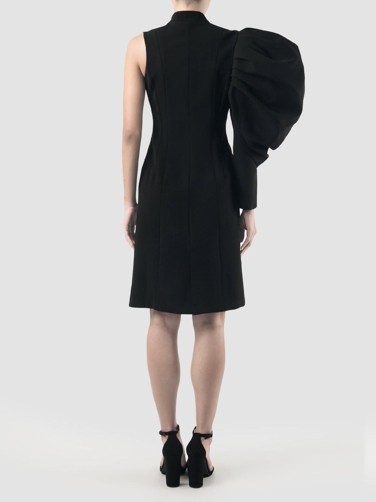 Black terylene blazer dress with asymmetrical sleeves