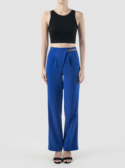 Cobalt blue chain-embellished wide leg trousers