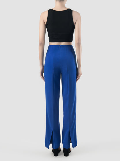 Cobalt blue chain-embellished wide leg trousers