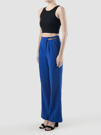 Cobalt blue chain-embellished wide leg trousers