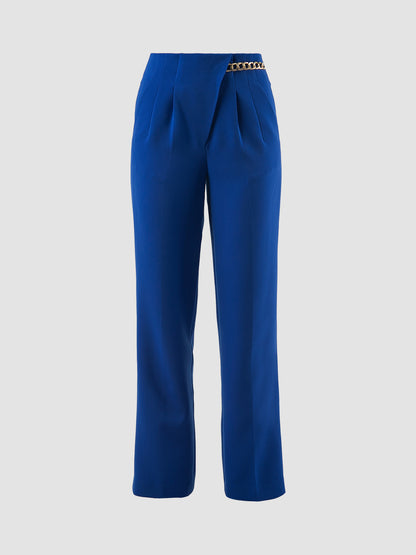 Cobalt blue chain-embellished wide leg trousers