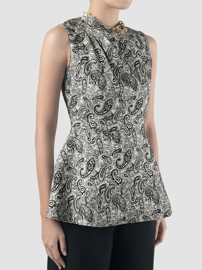 Black paisley jacquard sleeveless peplum top